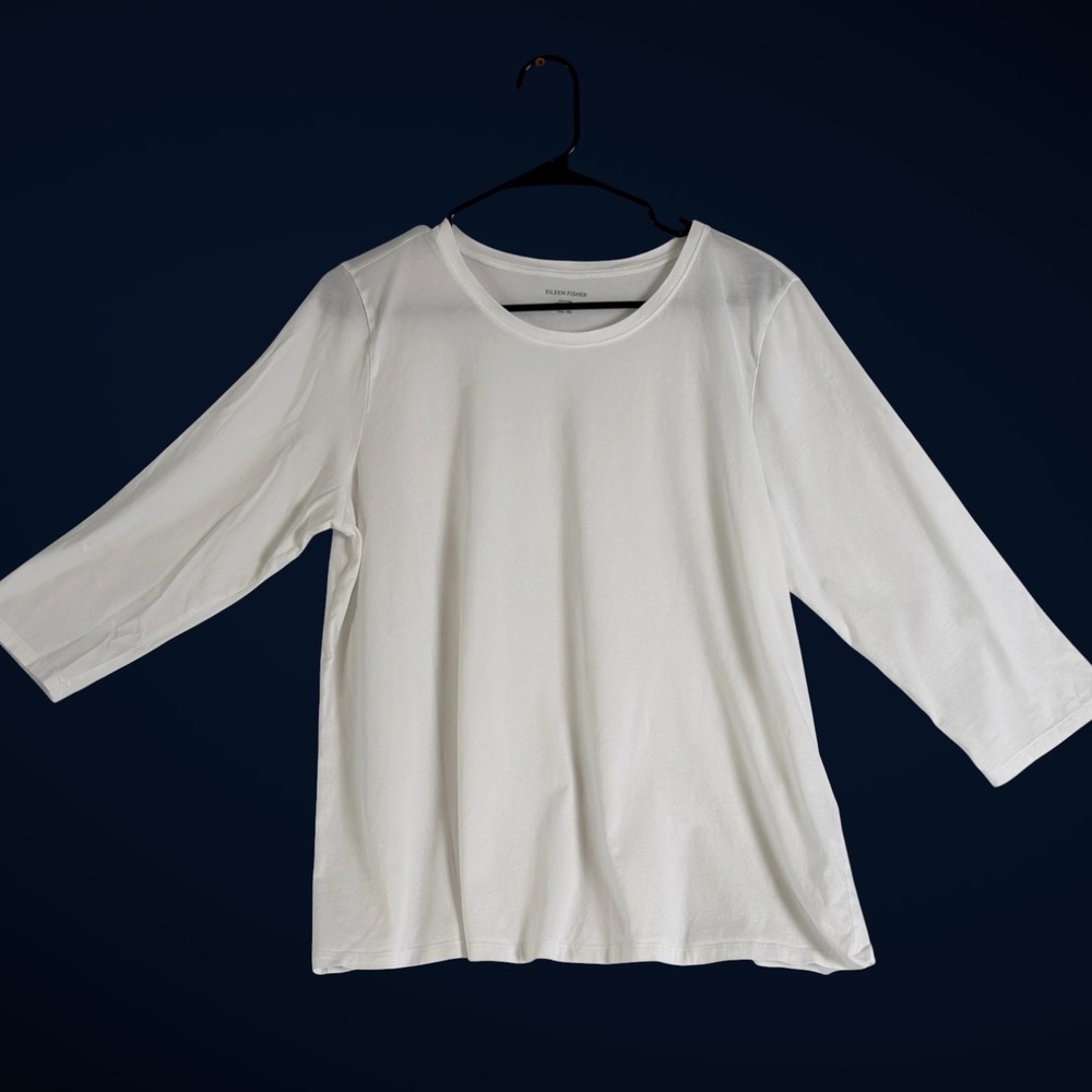 Eileen Fisher Organic Cotton Top White Womens XL Minimalist 3/4 Sleeve Tee
